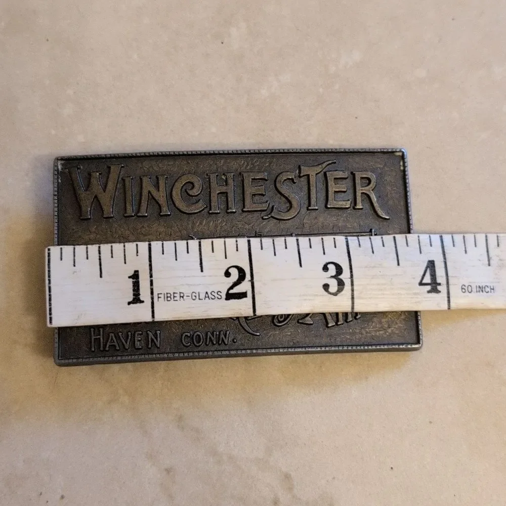 Vintage Solid Brass Belt Buckle Winchester Repeating Arms New Haven CT